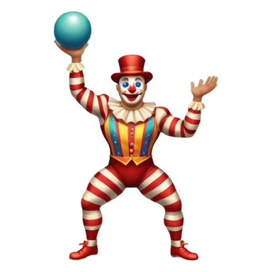 Icon for Circus Arts: a vibrant circus arena with a strongman in a striped costume, a juggler tossing colorful balls, and a clown. The icon should represent the energy and entertainment of the circus, with emphasis on performance and spectacle. Transparent background. sticker