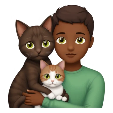 Crea un emoji donde salga un chico moreno con los ojos claros, una chica morena con los ojos marrones y SOLO UN gato europeo comun de pelaje oscuro y ojos verde claro, quiero que se esten abrazando y el gato este en el medio del chico y la chica sticker