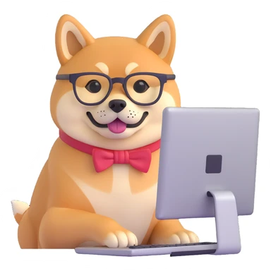 shiba inu with eye glasses and computer sticker