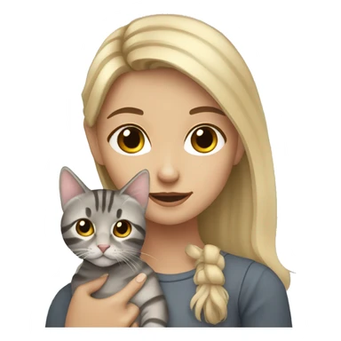 Blonde girl with brown eyes holding a gray tabby cat sticker