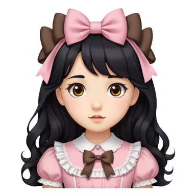 A girl, long wavy black hair with side bangs. Brown eyes. Wearing two bows on her hair. Wearing a cute lolita dress  sticker