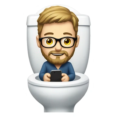 White man with a beard and glasses sitting on the toilet holding a phone sticker