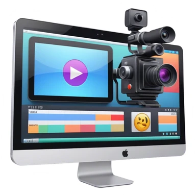 Create an emoji for video editing. Show a computer screen with a video timeline, clips, and editing tools (e.g., scissors). Add a video camera. Use modern, professional colors. Do not include any emojis or smiley faces. Make the background transparent sticker