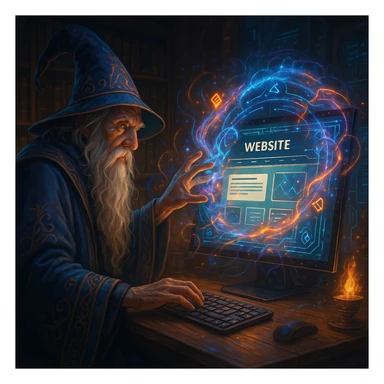 A wizard with a long beard and robe, sitting at a computer, casting a spell to create a website, magical effects around the screen, digital and fantasy elements combined, detailed, vibrant, fantasy and technology fusion sticker