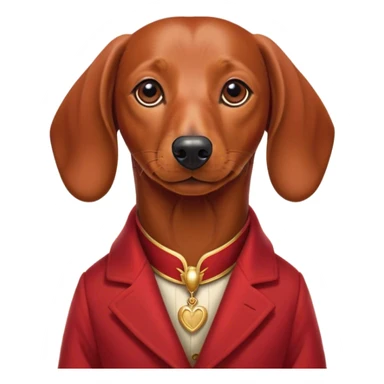 Cinematic Noble Red Dachshund Portrait Emoji, Poised and regal, with a long, low-slung build and a smooth, well-groomed red coat, deep-set soulful brown eyes, Simplified yet sharp and sophisticated features, highly detailed, glowing with a soft, dignified glow, high shine, intelligent and determined, stylized with an air of charm, focused and attentive, soft glowing outline, capturing the essence of a watchful and confident companion, so majestic it feels as though it could slide out of the screen with effortless authority! sticker