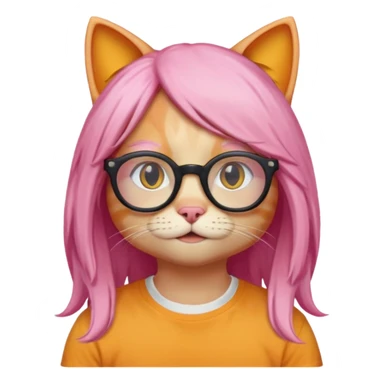 Orange Yellow cat wearing a long pink hair wig, black circle glasses, white T-shirt sticker