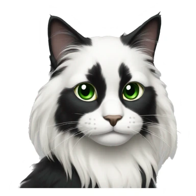 All Black long haired cat with white patch on chest and white paws and green eyes and black nose sticker