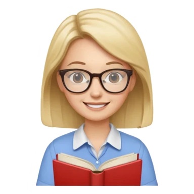 female English teacher with glasses and wearing a shirt, holding an English book sticker