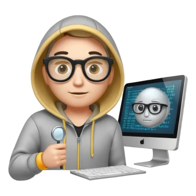 A stylized 3D emoji icon of a web developer character, wearing a hoodie and glasses. They are holding a glowing magnifying glass up to a computer screen filled with lines of HTML code and a search bar. sticker