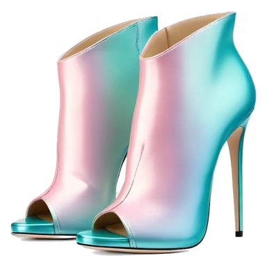 Realistic isolated top front view of a pair of metalliic tiffany blue to pastel pink ombre Jimmy Choo peep toe stiletto ankle booties. sticker