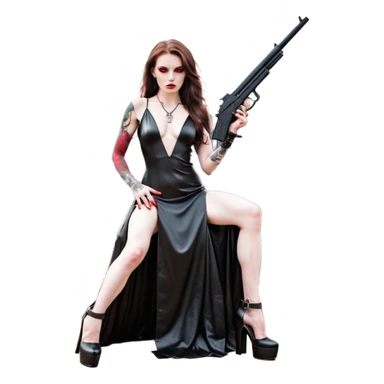 Lilith symbol red eye seductress evil long brown haired sexy succubus woman with leather long dress with slit, sitting in Big Large F350 pickup truck. Black Platform high heels on feet. Tattoo sleeve arms, seat full of stacks of cash, and a man dead human skull of her enemies and a gun in other hand sticker