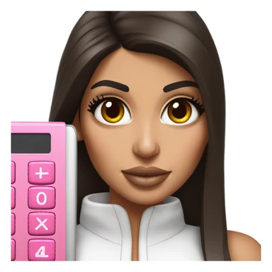 Hyper realistic kim kardashian with straight brown hair holding a pink calculator sticker