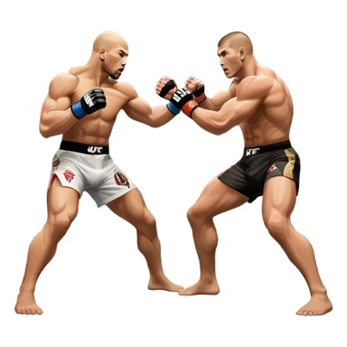 wo MMA fighters in the octagon, one delivering a strong punch while the other defends with a guard. The background shows the UFC octagon with the crowd in the distance. Transparent background emphasizes the dynamic intensity and skill of mixed martial arts. sticker
