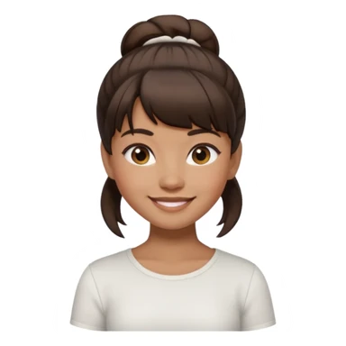 In Apple Memoji format, a girl with dark brown hair. She has bangs and her hair is in a singular high bun. The girl is arab and has light brown skin. She is wearing a white shirt sticker