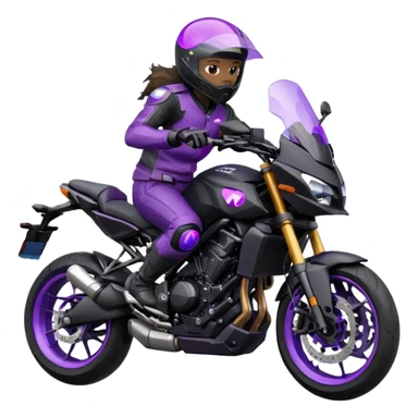 Créer un emoji copiable sur mon système iOS avec une moto mt07 noir mate / violet plus foncé que tu as et iridescent. le style de la mt07 doit être en sport. Avec pilote dessus visière violet bulle de la moto violet aussi. Avec fond arrière  violet  sticker