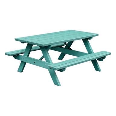 simple rectangular picnic table with attached benches, soft teal color, straight vertical legs, small wheels underneath, flat wood-style silhouette, muted teal tone, clean geometry, minimal shading, slightly theatrical sticker
