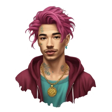 Vintage grunge patina intricate swirls gold jewellery baroque golden sparkle tropical Deep pink maroon burgundy cyan dark hoodie man dyed hair gold piercings nose piercing ear piercings sticker