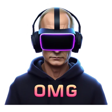 Vladimir Putin wearing a black hoodie with "OMG" letters on it and VR headset oculus quest 2 in a cyberpunk VR environment with violet neon lighting. sticker