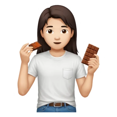 long haired Asian person eating chocolate, wearing white T-shirt and jeans sticker