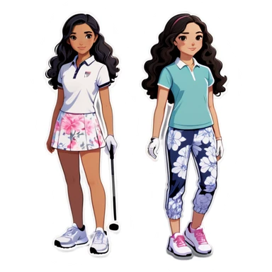  one  girl with black hair and white skin with golf clothes on, one Asian girl with workout pants and wavy mid lengthblack hair, and one American girl with long curly dirty blond hair and a floral dress on. All three are teens. They are all friends sticker