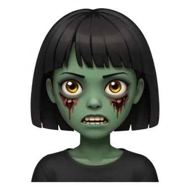 Zombie girl emoji verde escuro com cabelo curto liso preto no ombro e franja na altura da sobrancelha cobrindo completamente a testa, usando uma blusa preta, com olhos castanhos escuros sticker
