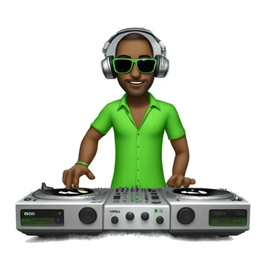 tall dj man with long luscious hair, shades, headphones and an electric green shirt on that says “365”, on a mixer turntable sticker