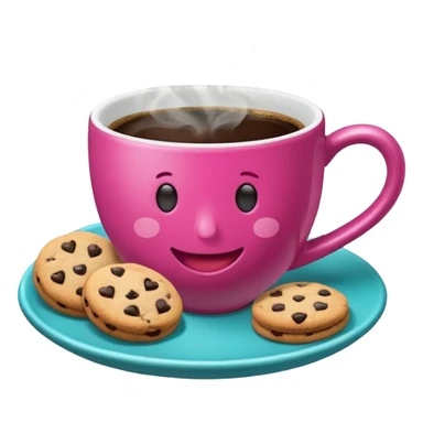 cup of coffee, steaming, the smoke should come out in the shape of a heart, the color of the cup is fuchsia, the cup has a happy face printed on it, the cup rests on a turquoise blue plate, and there are cookies and sugar cubes around the cup. sticker