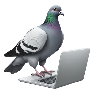 A pigeon working on a laptop sticker