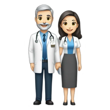 husband classy caucasian 55 dark gray hair trimmed beard executive holding bible, with wife asian age 55 dark hair nurse uniform, no children sticker
