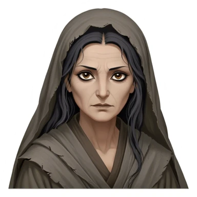 Mirri Maz Duur is a weathered, age 50 Lhazareen woman with deep-set dark eyes, high cheekbones, and a sharp nose, giving her a stern, knowing expression. Her long, unkempt dark hair streaked with gray falls loosely over her shoulders, and her earth-toned, tattered robes mark her as a humble healer. Despite her frail appearance, she exudes an aura of mystery and menace, her hands stained with herbs and blood from both healing and dark sorcery. sticker