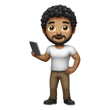 men holding his computer in hands. light brown skin men with curly black hair, dark brown eyes, little grown beard. ust a tiny bit muscular. dressed casual. round face. sticker