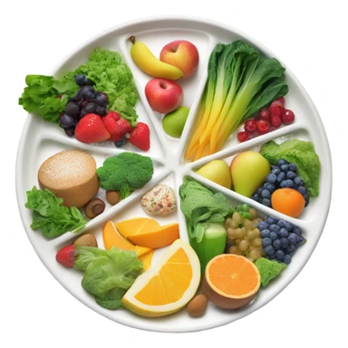 A large white round plate of healthy food sticker