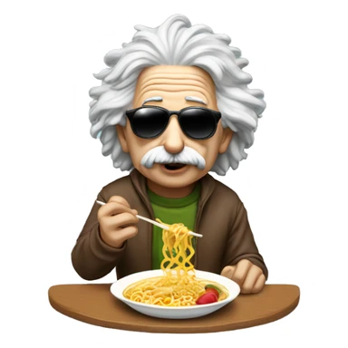Einstein, eating Ramen while wearing sunglasses and a hoodie sticker