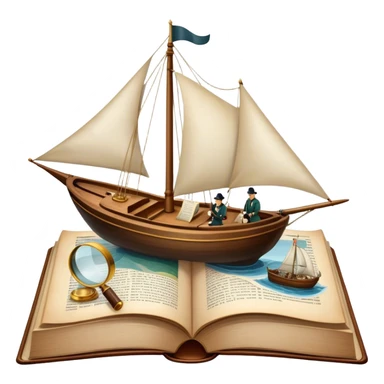 Icon for Reading Fiction: a large open book with pages turning, a sailboat sailing across the pages, Musketeers on horseback, Sherlock Holmes with a magnifying glass, and other literary elements. The icon should evoke the adventurous spirit of storytelling. Transparent background. sticker