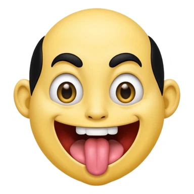 Freaky yellow face emoji smiling really big with huge tongue out and eyes wide open. Tongue should is wagging back and forth. Give him a head of black hair sticker