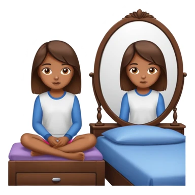 girl with brown eyes, straight brown hair sitting on the bed in front of the mirror sticker
