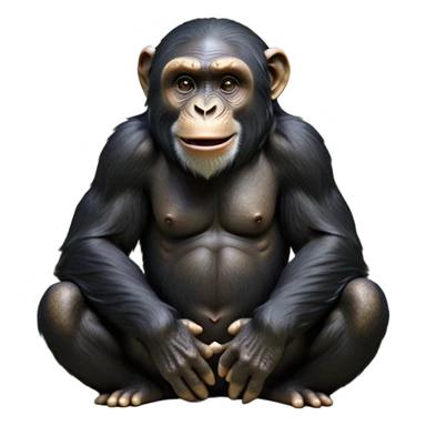 cinematic-noble chimpanzee-realistic-full-body-sitting-emoji,-long-powerful-arms-resting-on-its-knees,-expressive-dark-eyes-filled-with-intelligence-and-curiosity,-coarse-black-fur-textured-and-detailed,-softly-wrinkled-face-hinting-at-a-mischievous-smile,-slightly-open-mouth-showing-a-glimpse-of-teeth,-simplified-yet-realistic-focused-features,-highly-detailed,-glowing-with-a-warm-jungle-light

 sticker