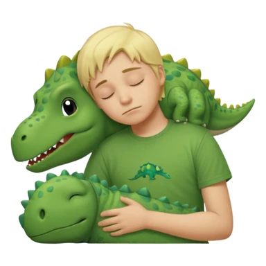 Blond boy sleeping wearing a green dinosaur t-shirt sticker