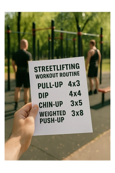 a close-up of a hand holding a printed streetlifting workout routine, with the exercises and sets written in bold text. In the background, an outdoor gym with pull-up bars, dip stations, and athletes wearing weighted belts. The lighting is natural, and the mood is motivational. sticker