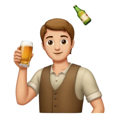 Hombre brazo derecho levantado sujetando una botella de sidra y brazo izquierdo abajo sujetando un vaso de sidra. sticker