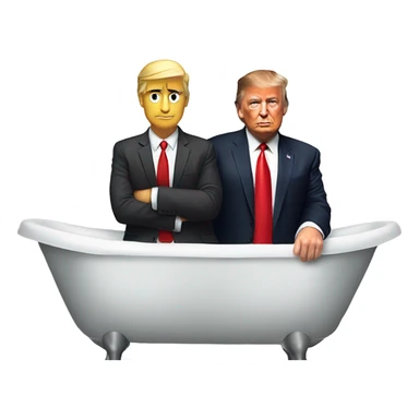 President Donald Trump wearing a suit and red tie in the bath tub with Raymond Falack  sticker