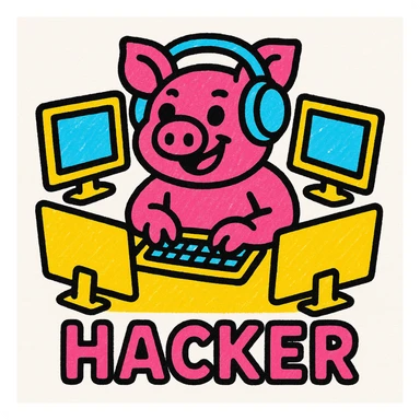 a pig hacker with headphones, using multiple monitors, vibrant colors, pop colors style, bright and lively sticker
