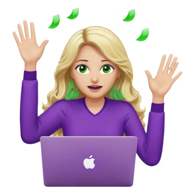 lady with long wavy blonde hair, purple top, green eyes, throwing her with a purple mac laptop hands in the air crying sticker