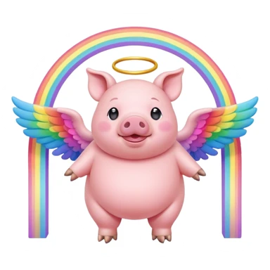 chubby pig with angel wings standing on vibrant rainbow bridge sticker