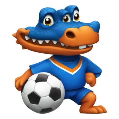 Gator with a soccer jersey in blue and Orange kicking a soccer ball sticker