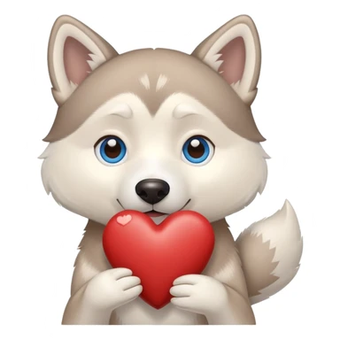 Beige husky with blue eyes holding a brown heart sticker