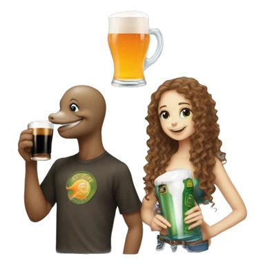 Male dolphin drinking a pint of guiness sat next to a girl dolphin with long curly hair drinking a j2o both surrounded by lots of the word “or” sticker