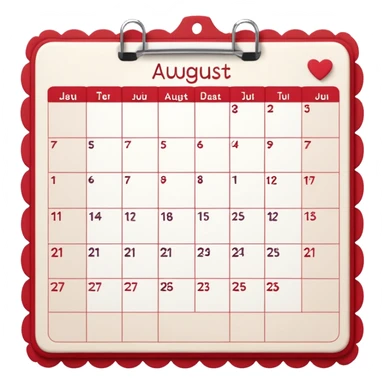 a monthly calendar labeled “August,” with rounded square date boxes, scalloped border frame, playful red doodle lines, and a cozy planner vibe. Minimal kawaii style, flat pastel color palette, slightly imperfect sketch lines, centered object, no background sticker