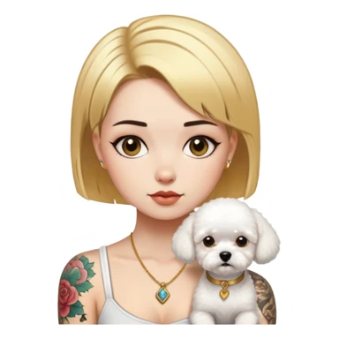 a  girl with glod  straight short hair and tattoos and a Bishon frise sticker