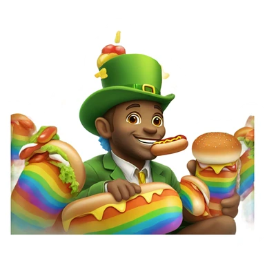 leprechaun on a rainbow eating hotdogs sticker